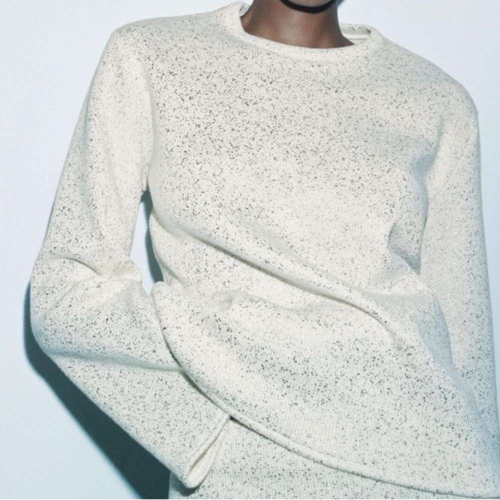 ZARA Cream Metallic Gold Thread Cotton Knit Oversized Sweater Med. NWT